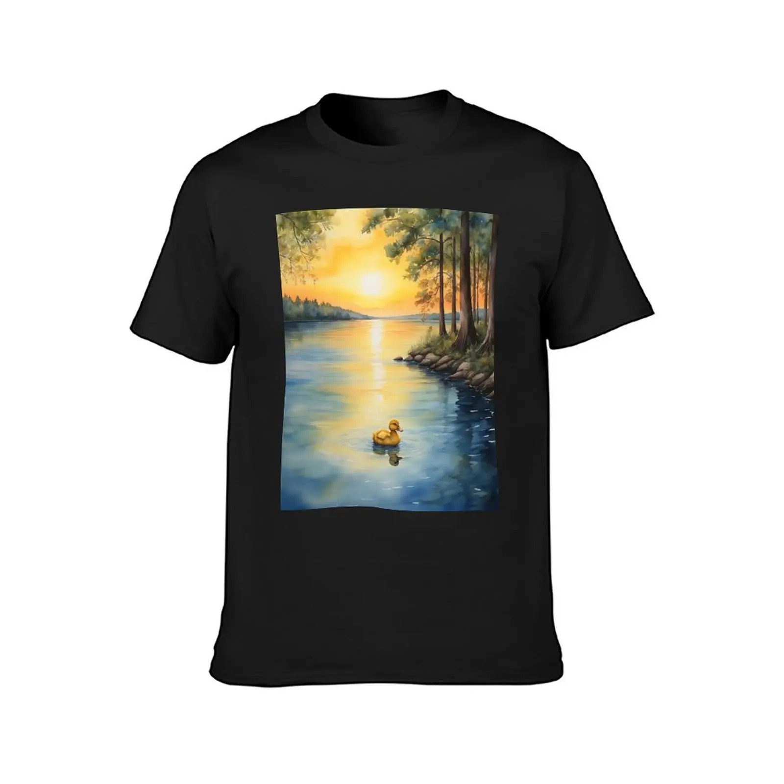 Sunset with a Duckling Swimming in Blue Waters T-Shirt oversizeds funnys for a boy summer tops Men's cotton t-shirt