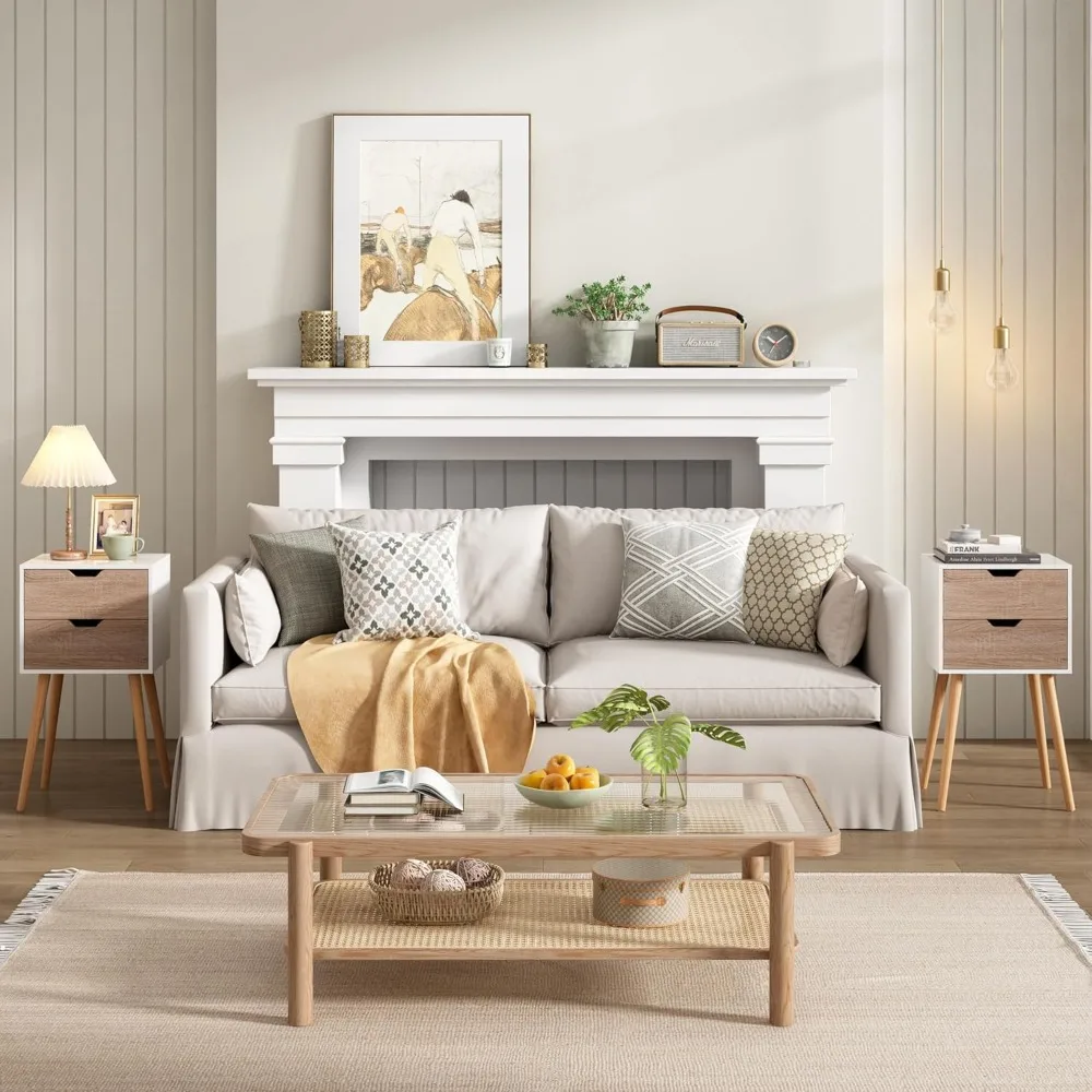 طقم طاولات بجانب السرير مكون من قطعتين مع أدراج وأرجل خشبية صلبة وتخزين كبير ومنضدة ليلية للطاولات النهاية