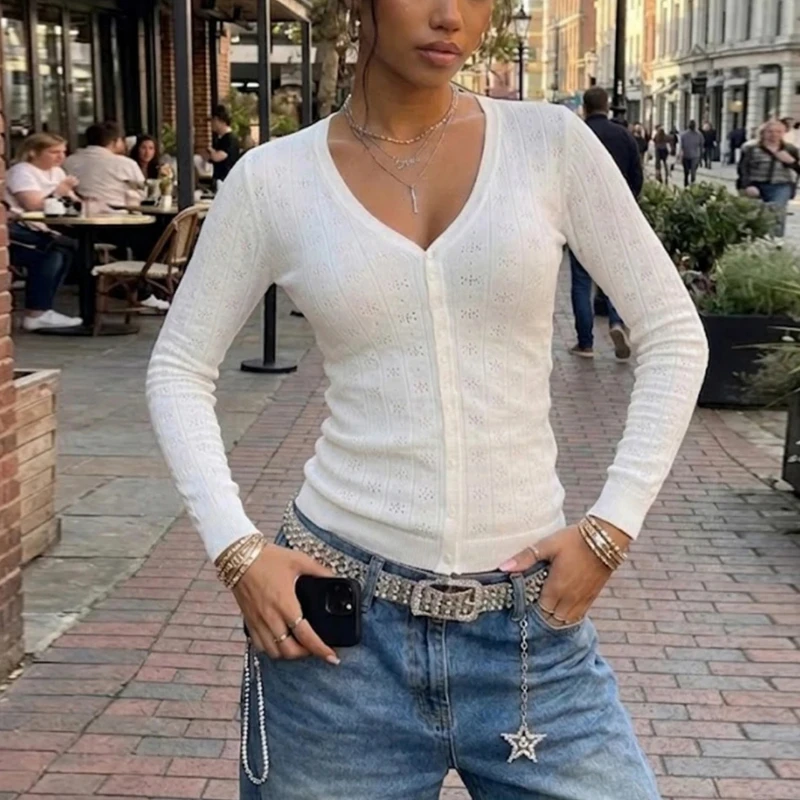 Chic Knitted Tight Fit Semi-Transparent Long Sleeve Cardigan QY031 Casual Classic Style Women's T-Shirt for Autumn Season
