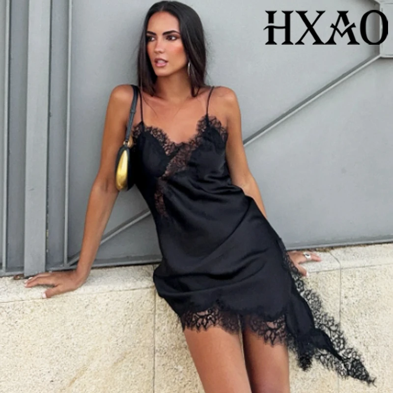 HXAO Asymmetrical Lace Dress Woman Sleeveless Slip Black Dress Summer Satin Party Dresses Backless Sexy Short Night Dresses