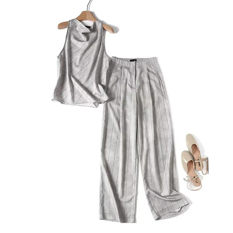 YENKYE Women Commuter Style Striped Leg Wide Pants Vintage High Waist Office Casual Trousers Spring Summer 2025 pantalones