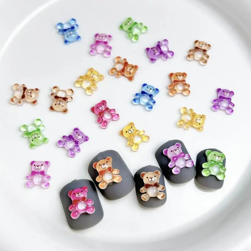 30Pcs Cute Dopamine Colored Bears Nail Art Charms Cartoon Transparent Resin Bow Bears Nail Decorations Akcesoria do paznokci DIY