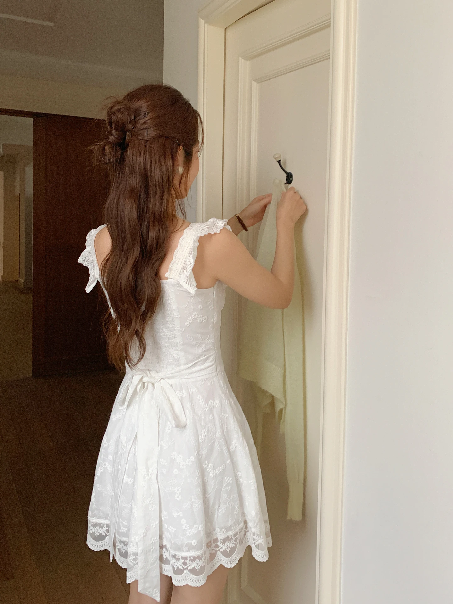 

Корейское хлопковое платье-трапеция Even-wen Lace Dr Gentle Tea Break Vaion High nce Sensation, дышащее, из хлопка