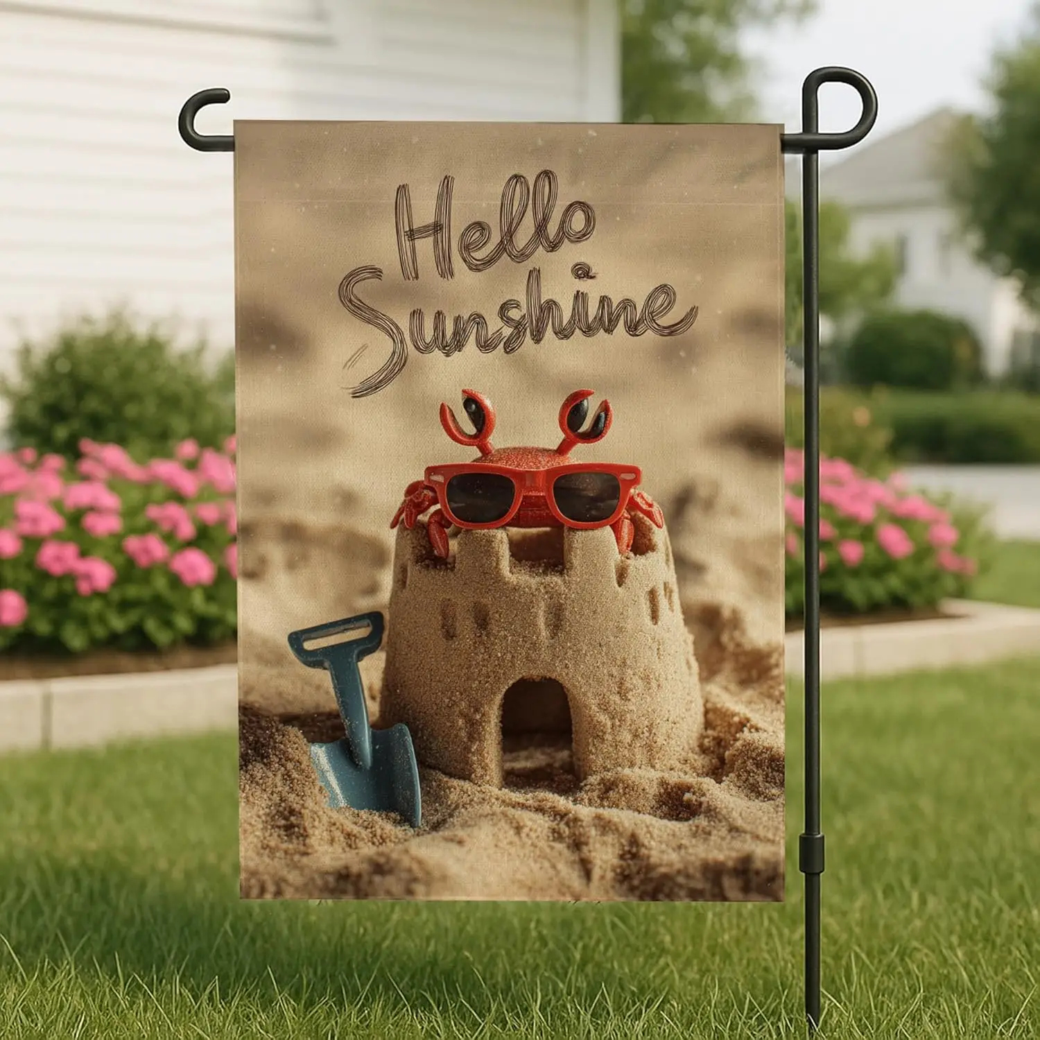 Hello Sunshine Crab Sandcastle Garden Flag, Summer Beach Decor, Double Sided Burlap Yard Banner, Fun Outdoor Lawn Decoration hhz