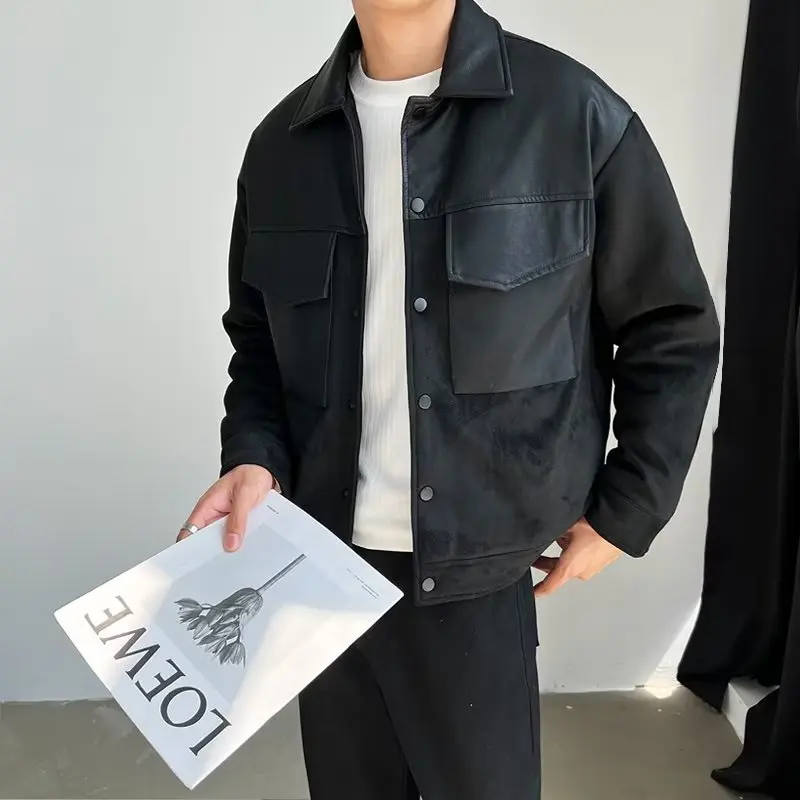 الخريف الشتاء حجم كبير Faionable بولي Leather الجلود المرقعة Jaet الرجال فضفاض عصري بدوره إلى أسفل طوق ملابس العمل معطف Sle #1