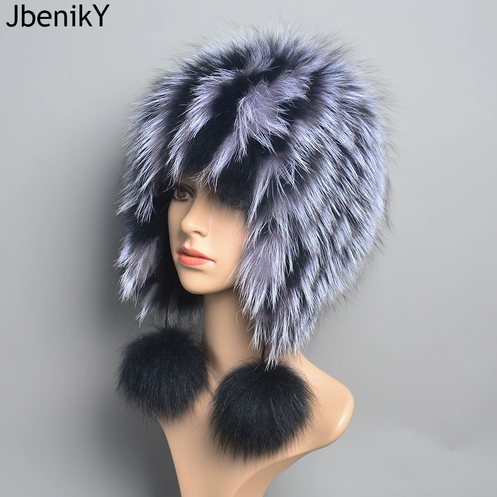 

Real Fox Fur Pompom Bomber Winter bonnet Hat Russian Female Beanies Natural Raccoon Fur Hat Knitted Skullies Beanies Women's Cap