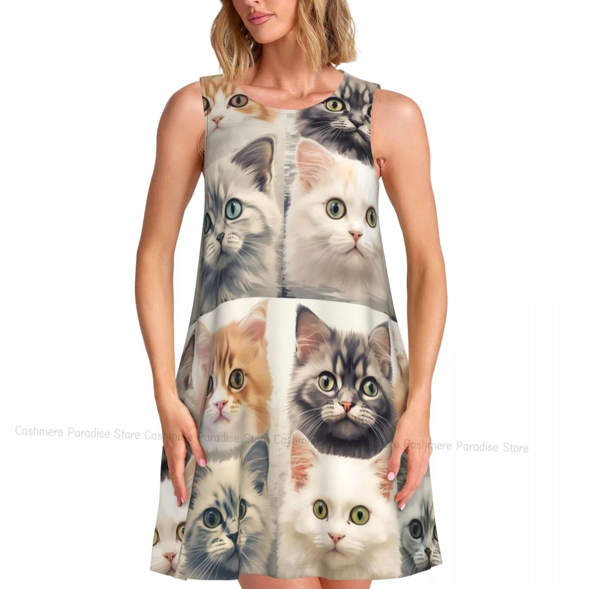 Women's Dress Funny Cat's Heads Summer Casual T Shirt Dresses Beach Cover up Tank Dress