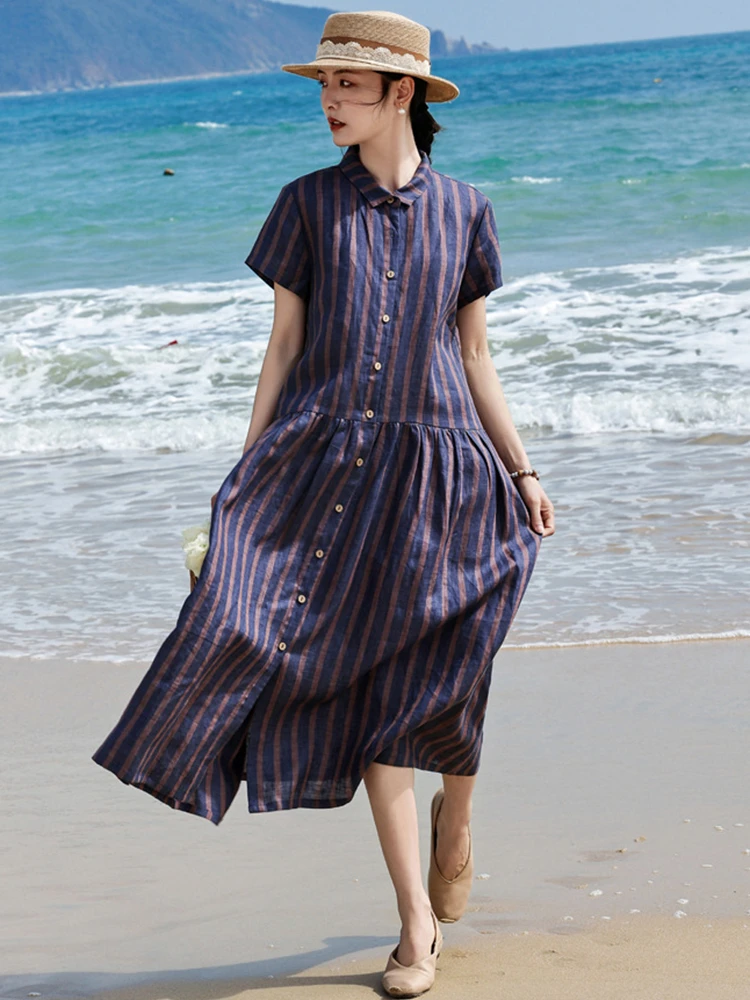 

100% Linen Women Casual Dress New Arrival 2026 Summer Vintage Style Turn-down Collar Striped Loose Female Shirt Dresses M2448