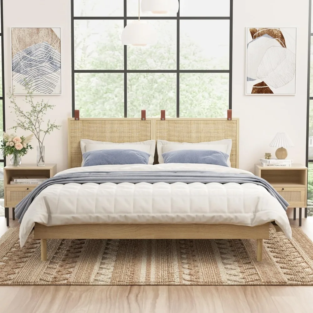 Set di 2 comodini in rattan naturale, tavolino, comodino Boho con 1 porta decorata fatta a mano per soggiorno, camera da letto