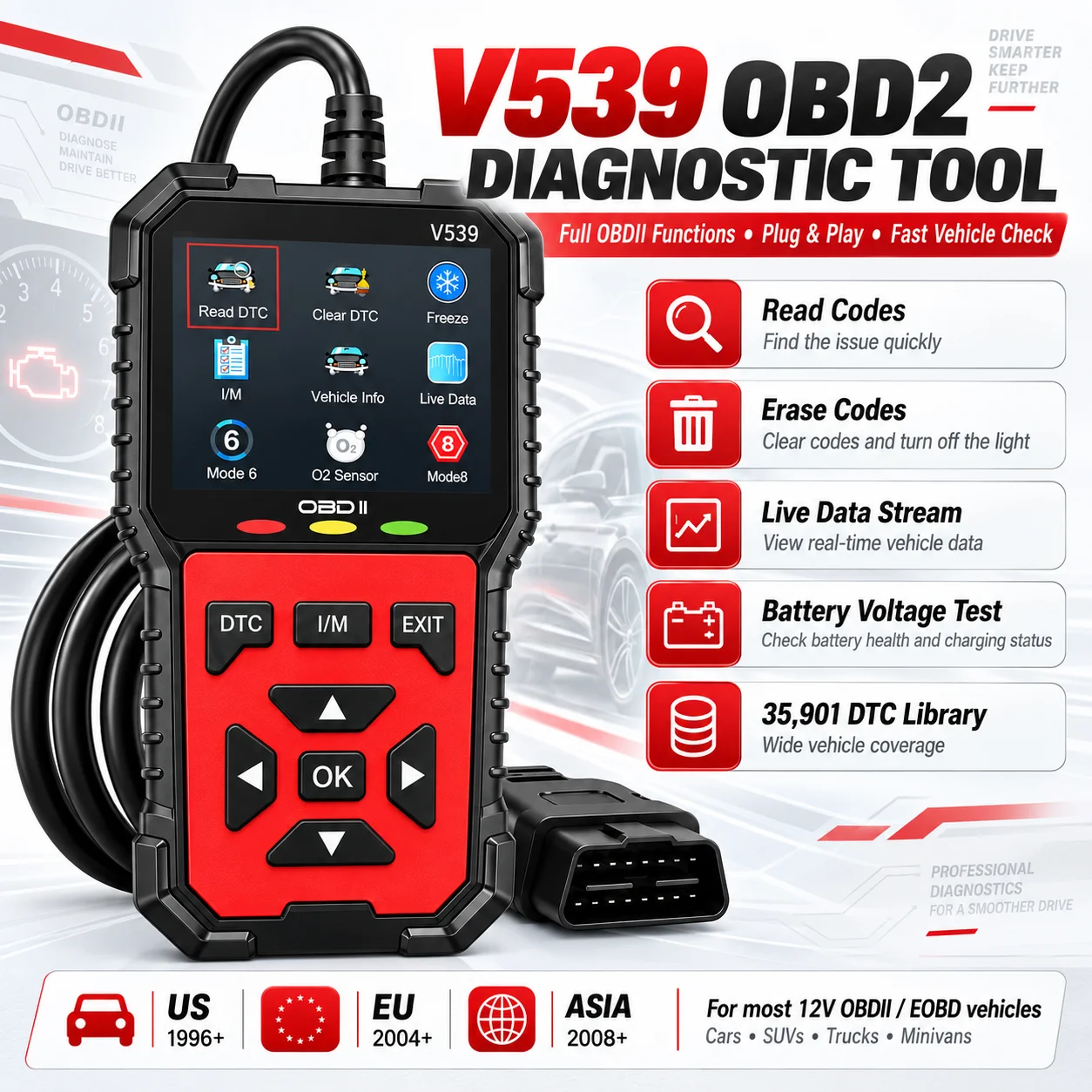 V539 OBDII Car Diagnostic Scanner, Engine Fault Code Reader with Live Data Stream, Battery Voltage Tester and DTC Code Lookup Au