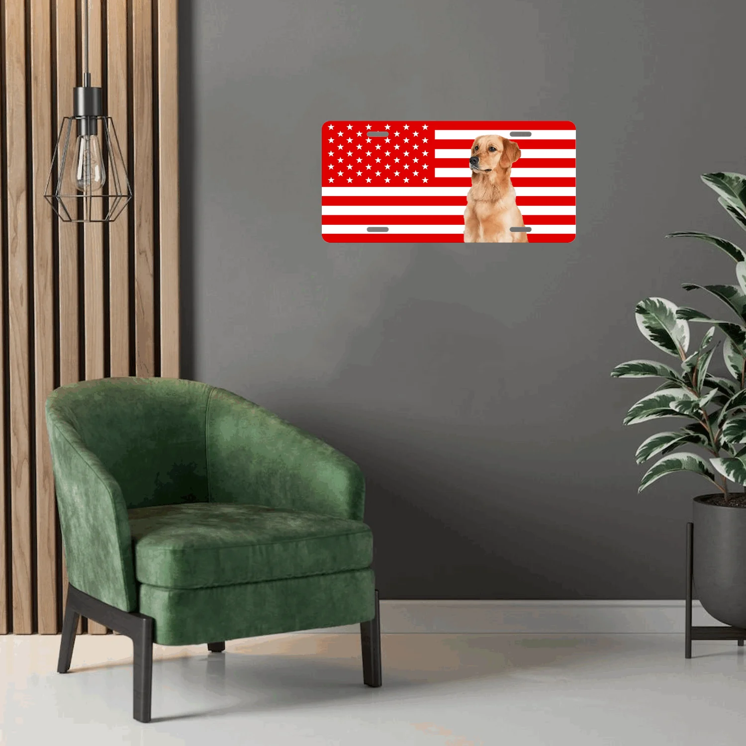 1pc Patriotic Golden Retriever License Plate-Customizable Flag Design,Durable Aluminum Frame,Red&Stripes with Stars and Stripes