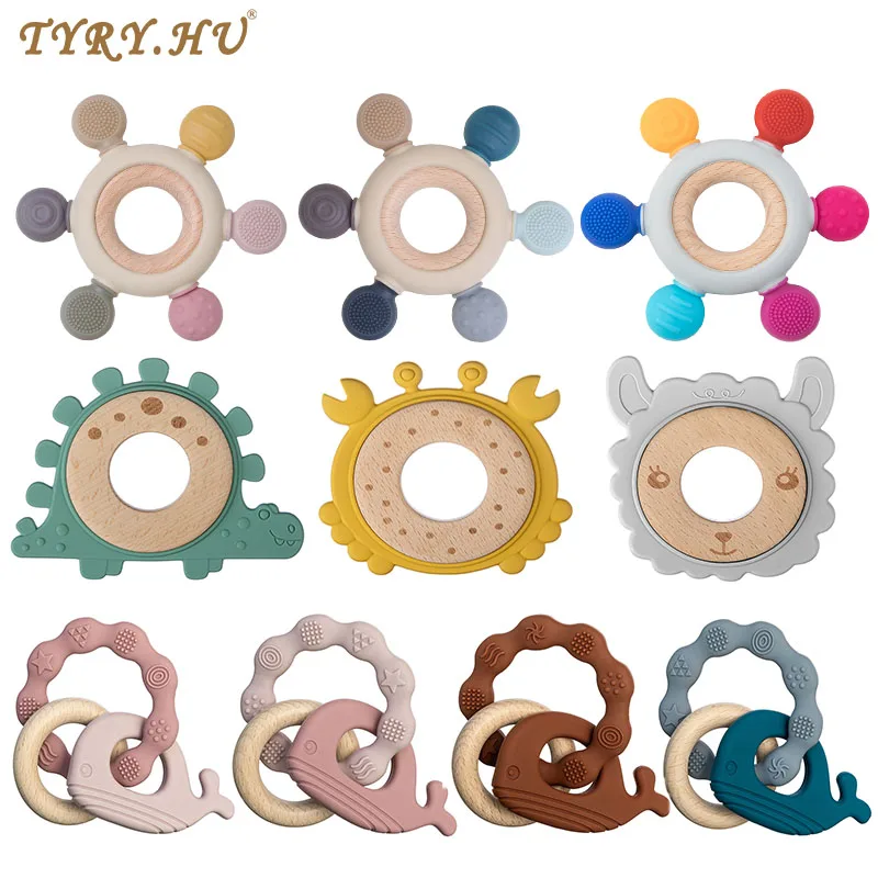 TYRY.HU New Silicone Teether Customized Rudder Shape Wooden Teether Ring Baby Gift Set Silicone Baby Teether BPA Free