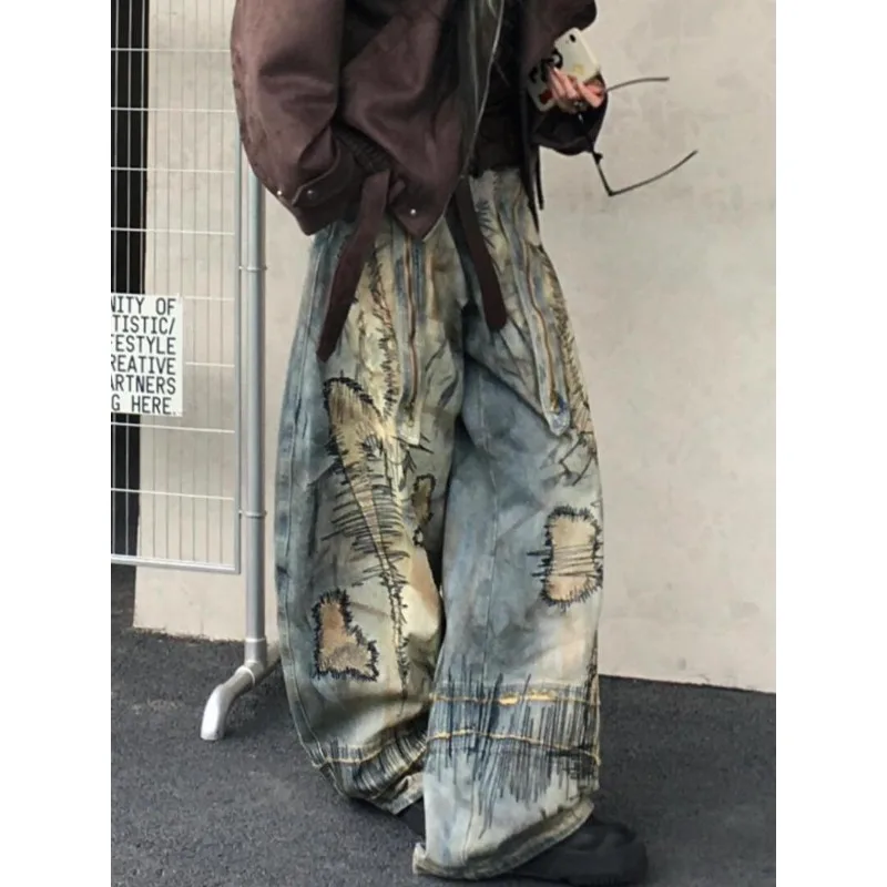 Women Vintage Long Pants Large Size Washed Embroidered Jeans Street Loose Fit Wide Leg Drop Fashion Broken Comfortable Clothing