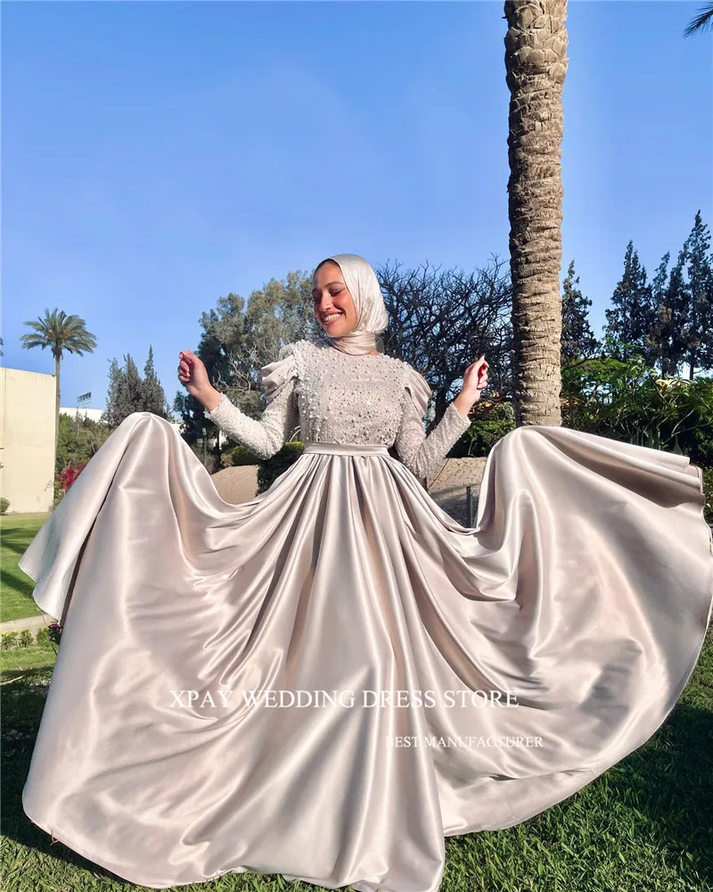 XPAY Modest Dubai Arabic Women Muslim Evening Dresses Pearls Long Sleeves O-Neck Satin Formal Occasion Prom Gowns Plus Size