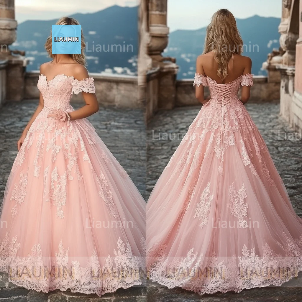 New A Line Pink Tulle Lace Applique Off Shoulder Floor Length Prom Formal Wedding Dresses Evening Backless Custom Made C-2.43