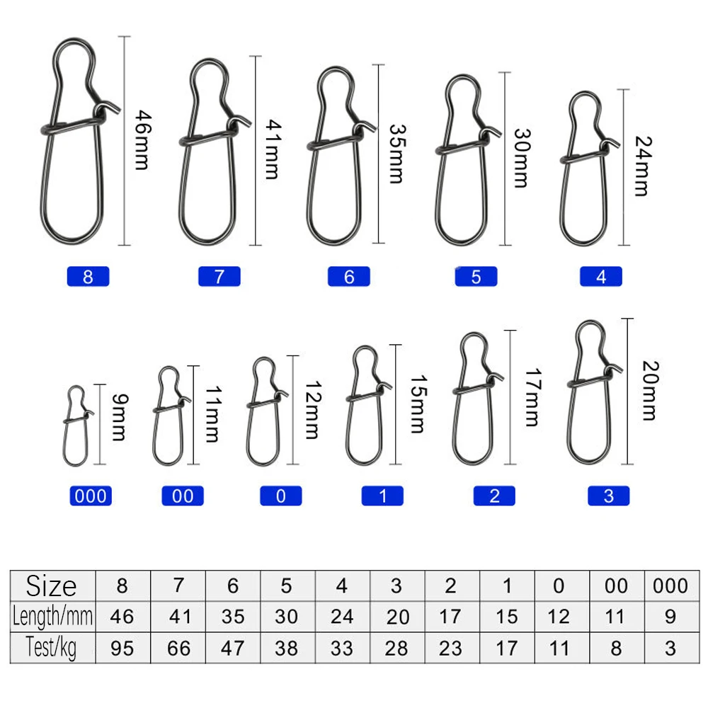 TIANNSII 50pcs/lot Stainless Steel Fishing Snaps Fastlock Clips Size 000-6 Safety Connector Accessories Tackle for Lures Hook