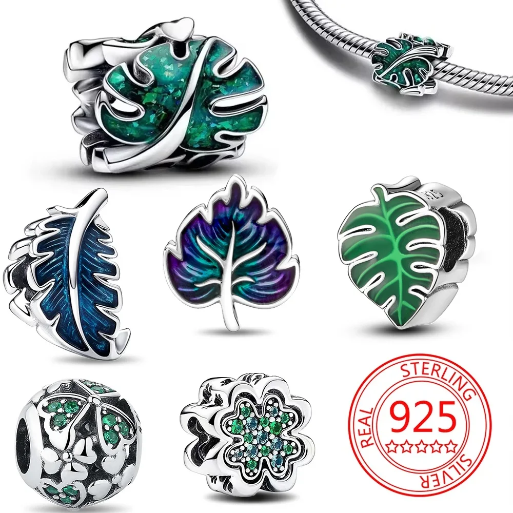 925 Sterling Silver Charme para Fazer Jóias DIY, Verde Monstera Folhas, Se Encaixa Pandora Pulseira, Original Bead, Presente