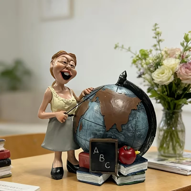 Resin Teacher Figurine with Globe ABC Blackboard Apple Book, Vintage Desk Decor Ornament