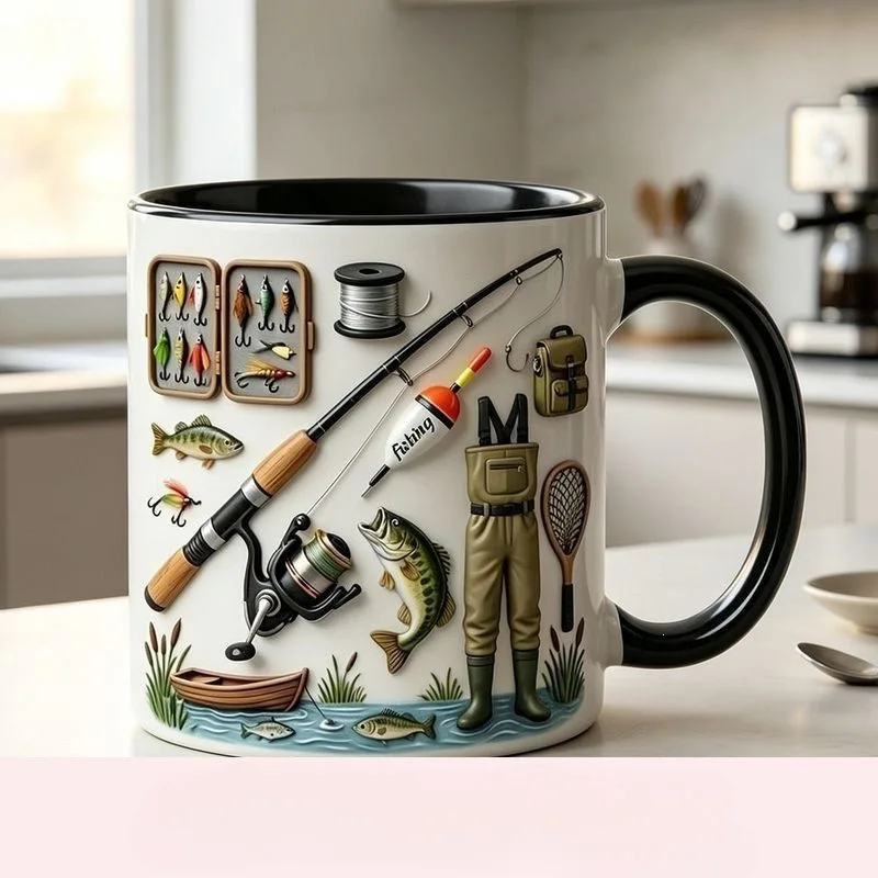 Creatieve 2D-mok met een vintage print van visgerei, een keramische water- of koffiemok voor mannen, ideaal als cadeau voor je vriend.