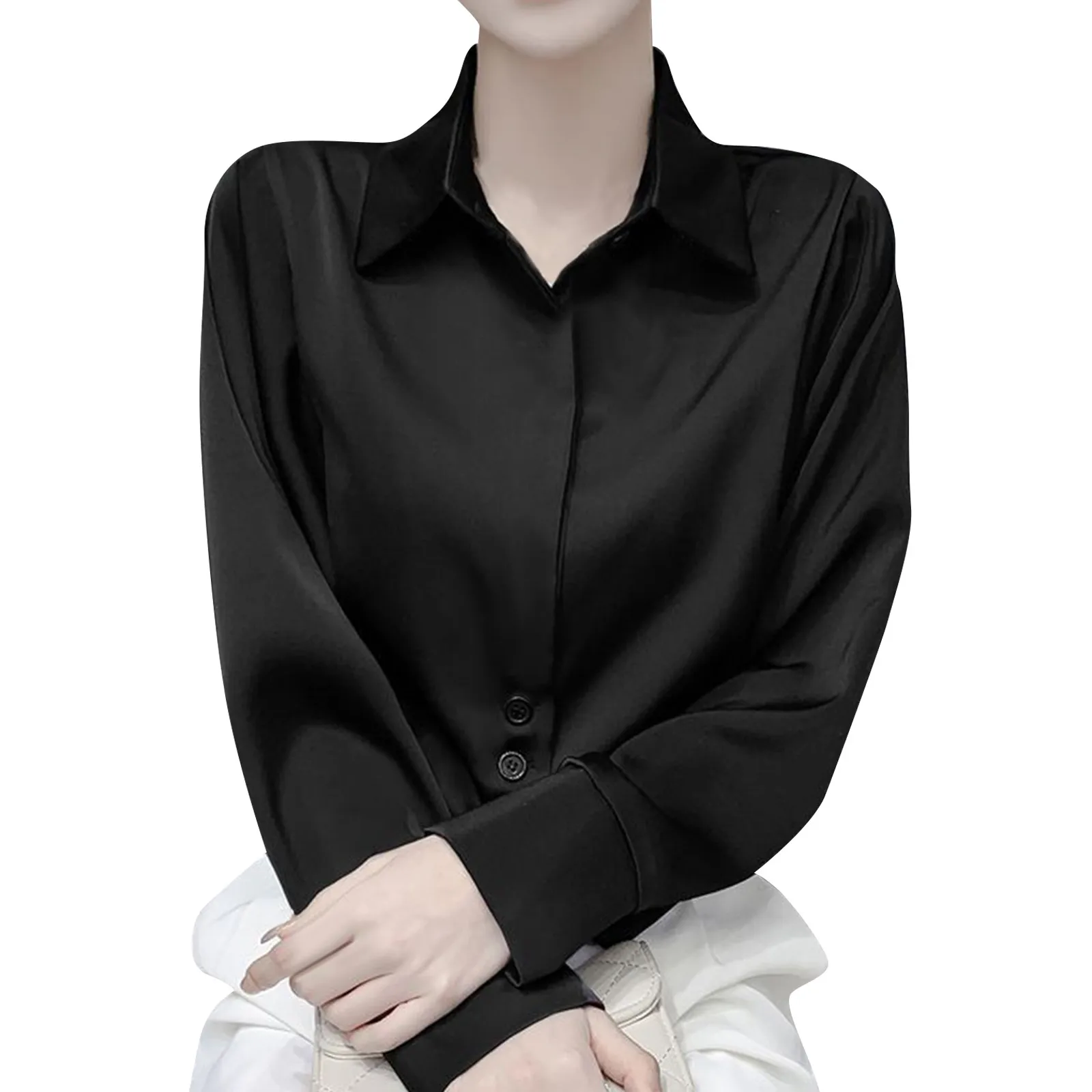 Western Style Chain Splicing Collar Chiffon Shirt For Women's Spring Temperament Versatile Short And Slim Fit Top With Buttons