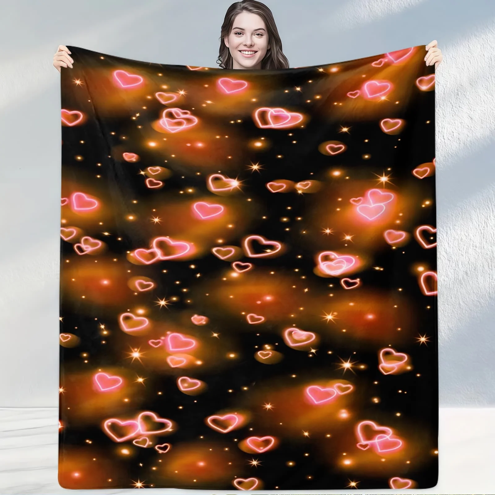 Colorful Neon Heart Blanket: Soft Bedding for Lounges,with Multi-color Neon Heart Motifs, Fitting Lively, Modern Home Aesthetics