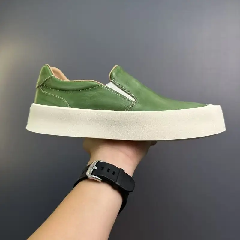 Vintage Mens New Slip On Loafers Thick Platform Casual Skateboard Shoes Cowhide Genuine Leather Shoes Outside Joggers Sneakers