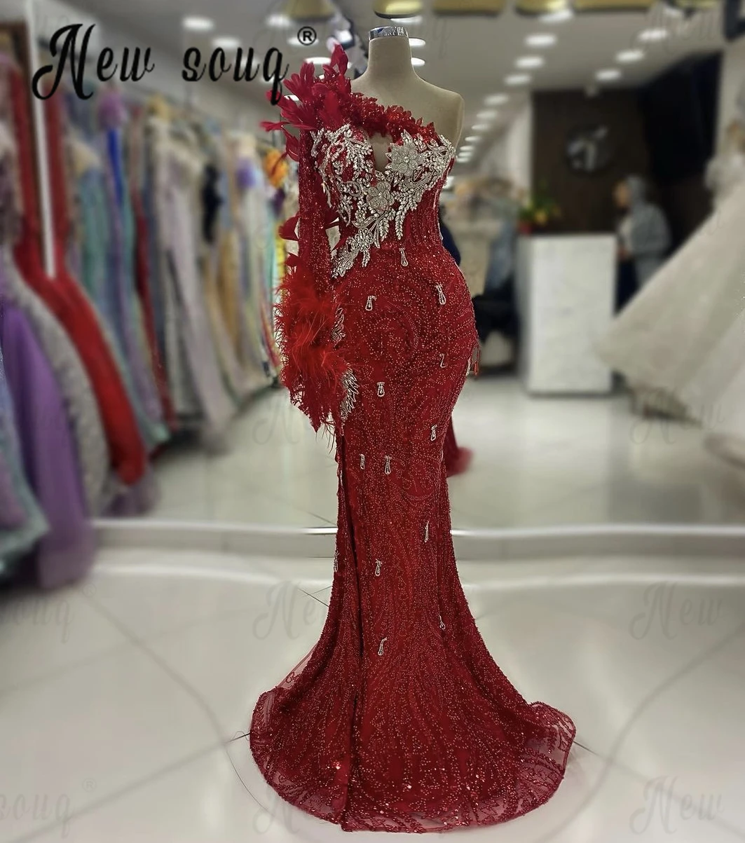 Red One Shoulder Feathers Bride Wedding Party Dress Silver Beaded Covered Luxury Dubai Women Occasion Prom Gowns Long Full Dress