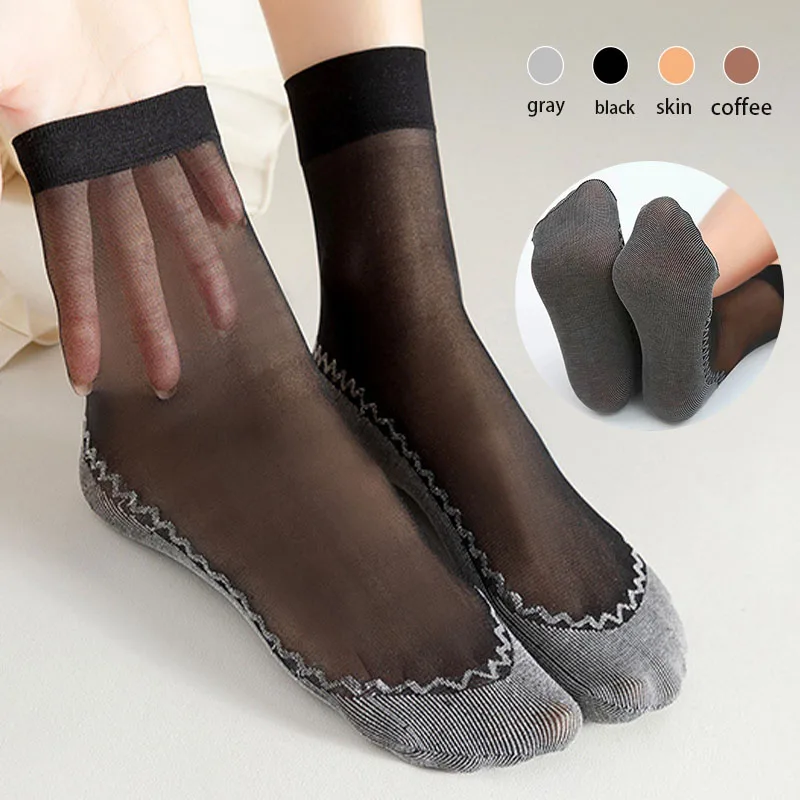 

10pcs=5Pairs Women Soft Socks Summer Velvet Silk Transparent Non-Slip Bottom Splice Fashion Ladies Ultrathin Sock Breathable Sox