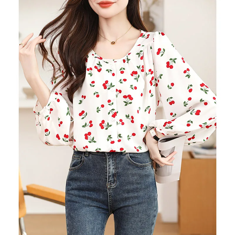 Spring Summer Casual Loose O-neck Long Sleeve Shirt Women French Chic Fruit Print Blouses Fashion All-match Elegant Tops