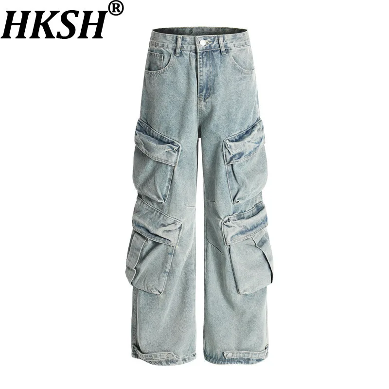 

HKSH Autumn Winter New Men's Tide Safari Style American Washed Multi-Pocket Cargo Pants Chic Ins Straight Wide-Leg Jeans HK11123