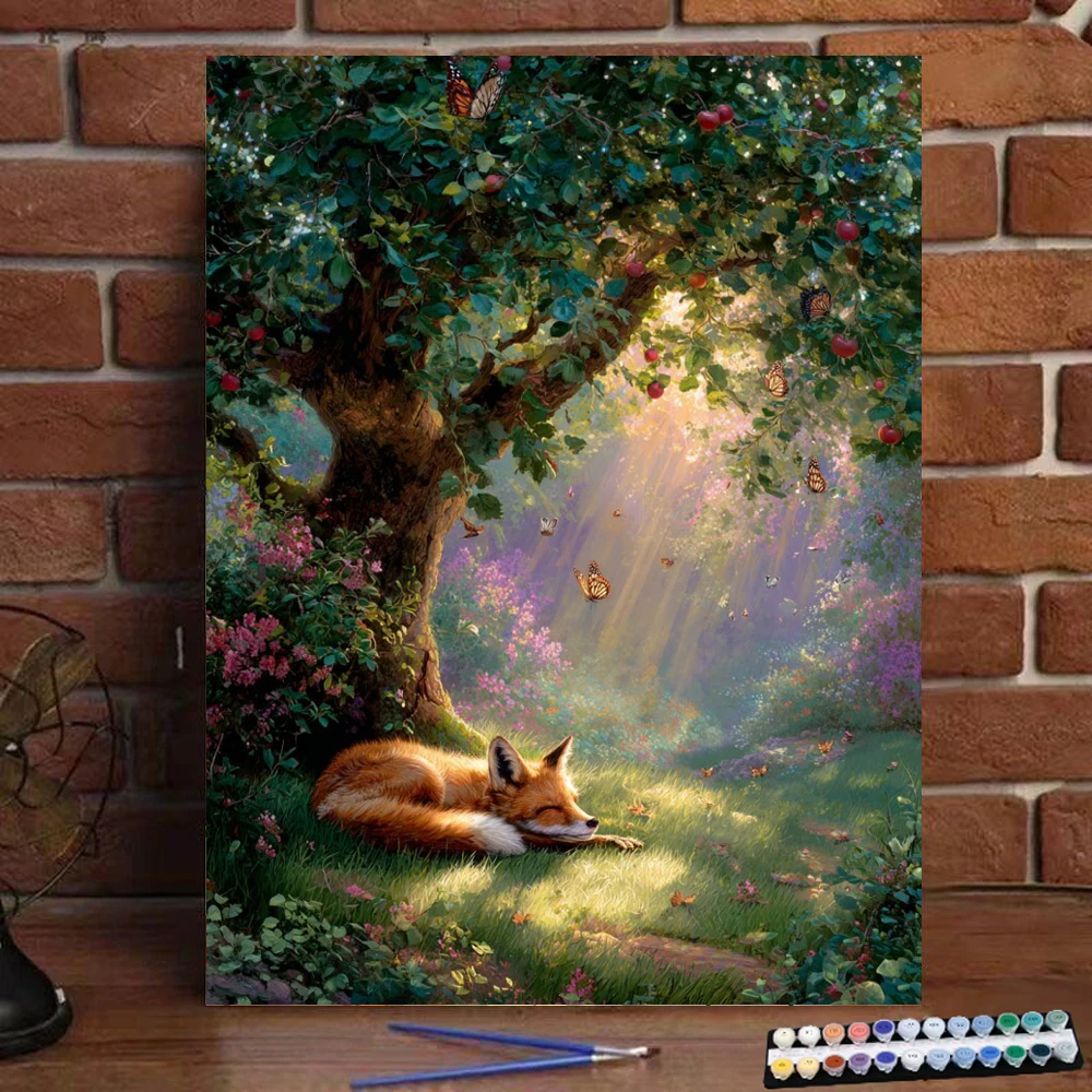 Pintura por números El zorro y el árbol de manzana Pintura digital hecha a mano Regalo para niños adultos Decoración de pared D