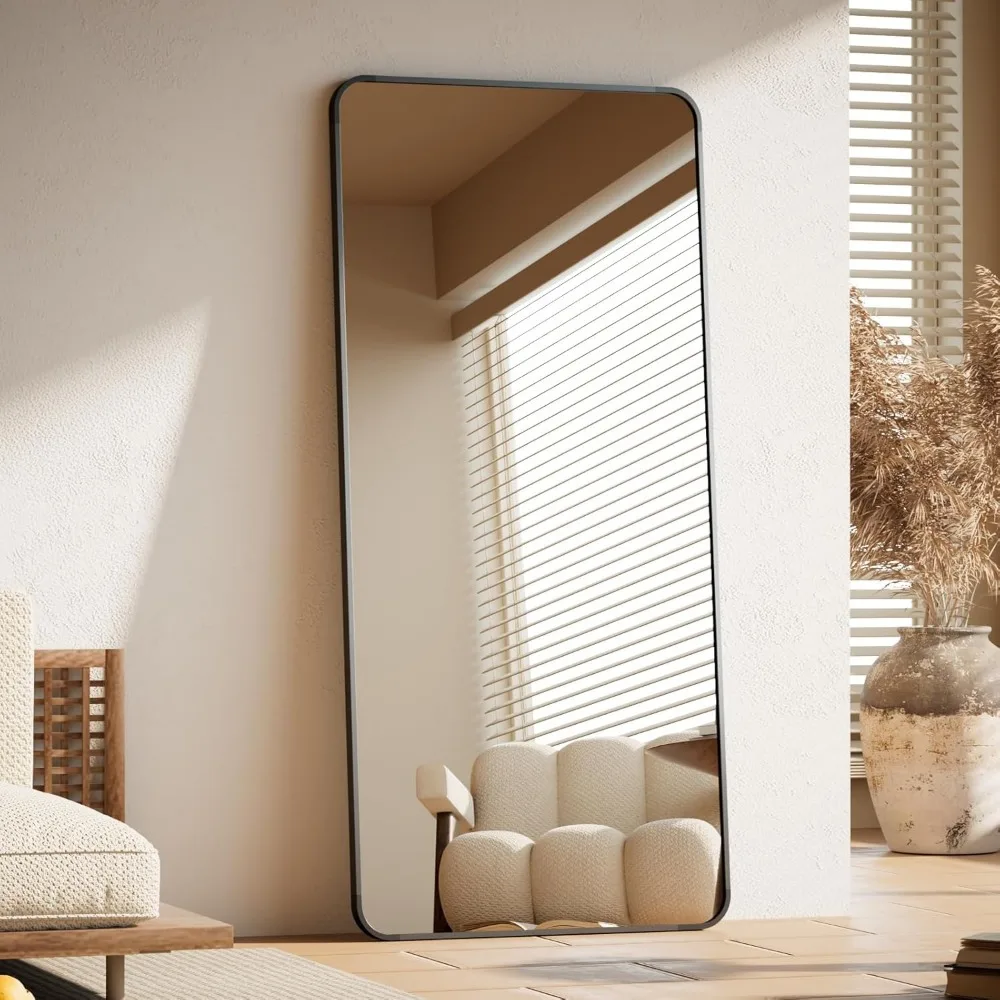 Full Length Black Floor Mirror 71x26, Rounded Corners, Standing or Leaning, Ideal for Home and Beauty Salons