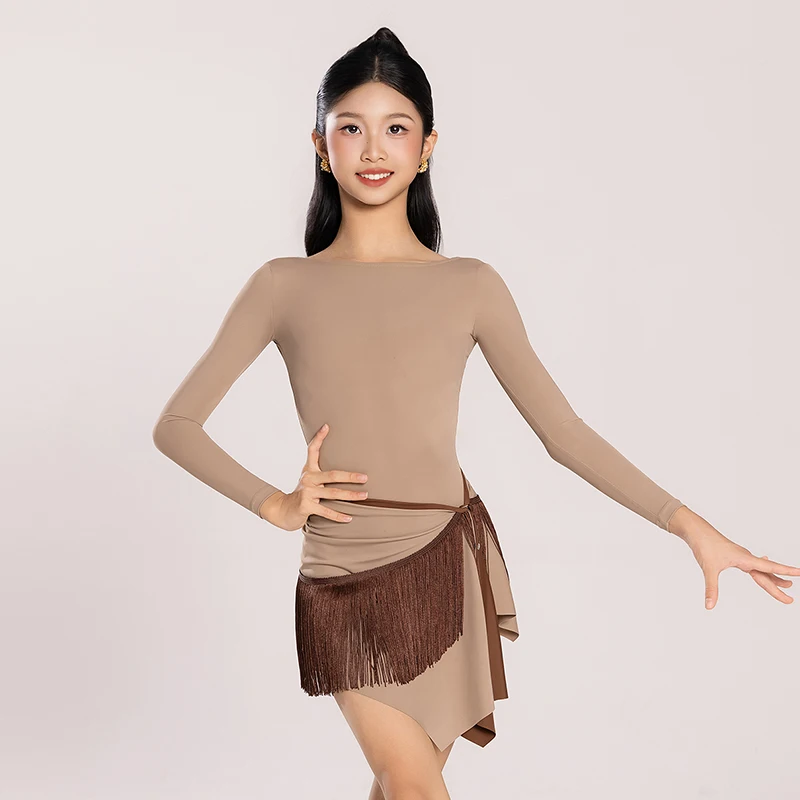 New Girls Latin Dance Clothes Skin Color Leotards Double Side Skirts Tassel Hip Scarf Long Sleeves Kids Practice Dresses BL17735