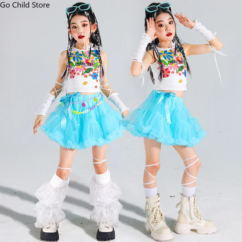 

Hip Hop Girls Crop Top Colorful Puffy Skirts Kids Streetwear Children Jazz Street Dance Costumes Girl Group K-pop Clothes Sets