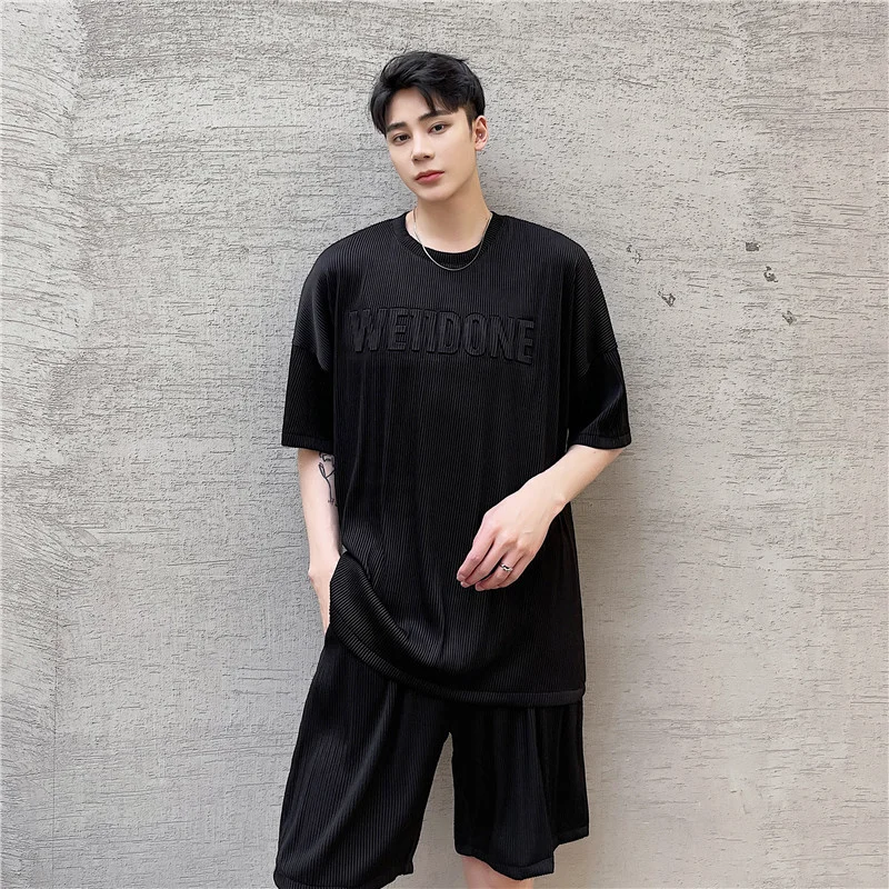 New Summer Men's T-shirts Sets Matching Elastic Waist Shorts Corduroy Letters Embossed Short Sleeve Tees Oversized Clothing MAN