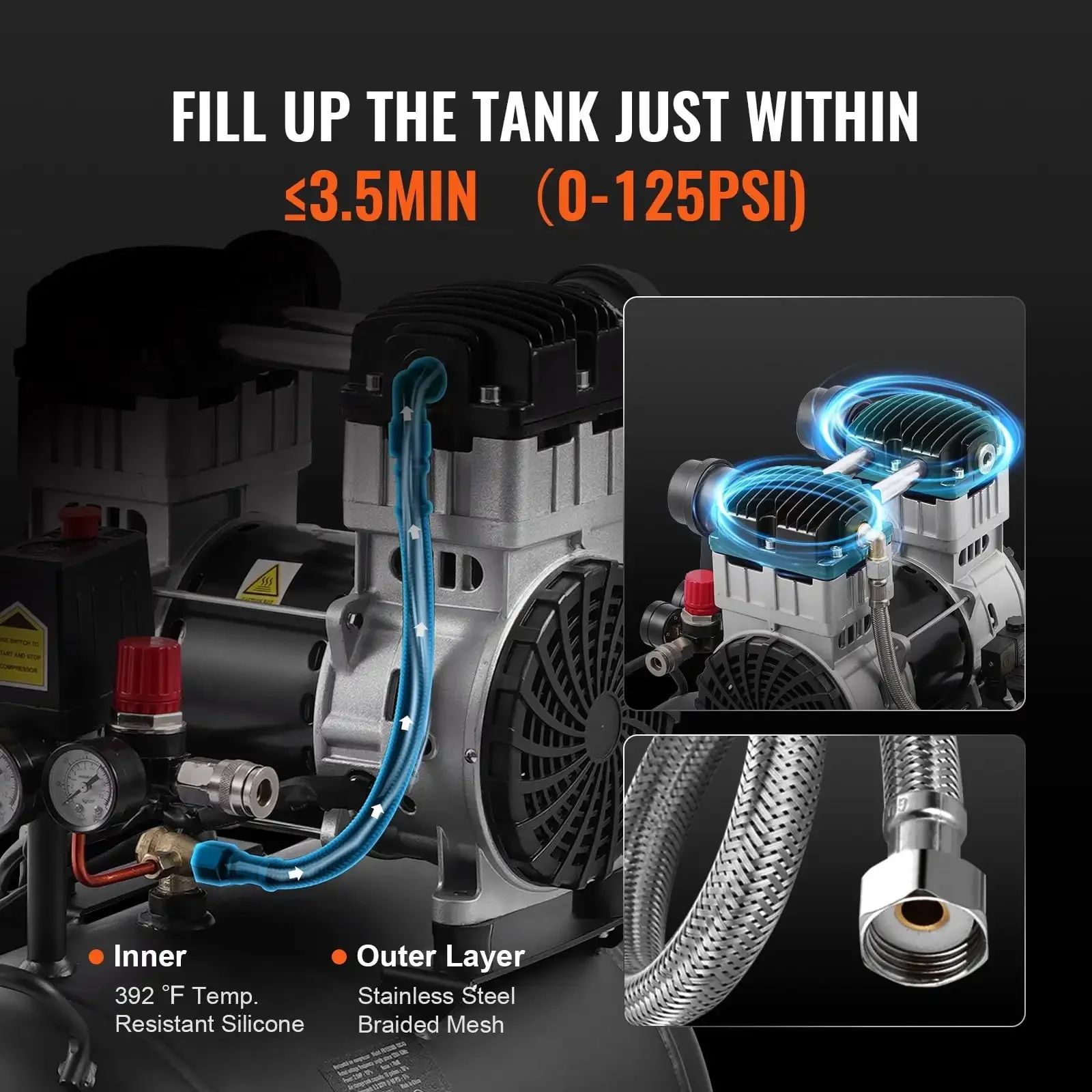 Air Compressor Compact Portable Oil Free Compressor 10 Gallon 90 PSI