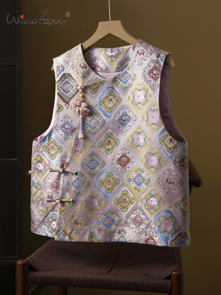 

Winsleter-100%Real Silk Song Brocade Elegant Vest Coat, O Neck Jacquard, Women Retro Luxury Waistcoat, 2026 Spring New C62237CC