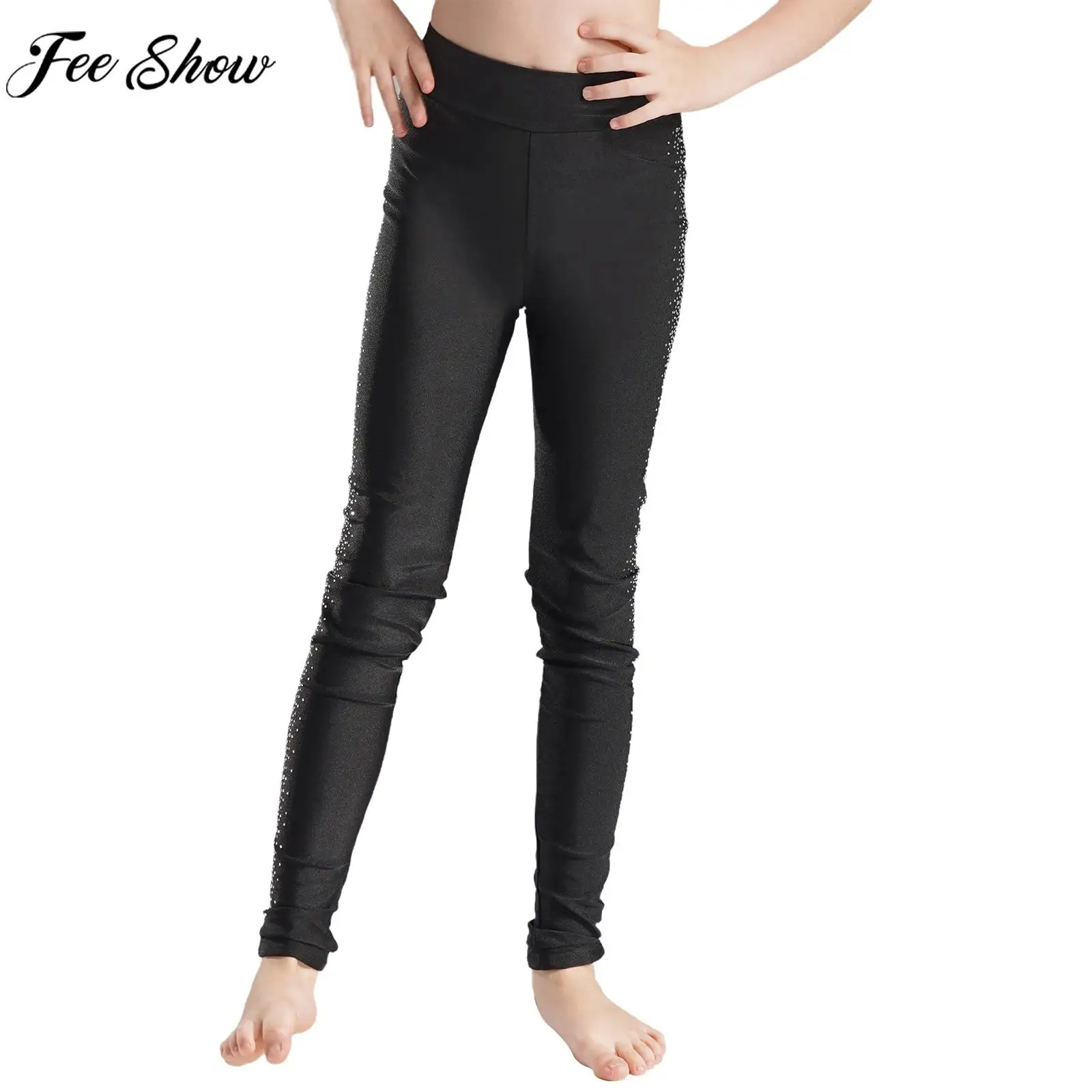 Kids Girls Shiny Rhinestone Figure Skating Performance Pants Elastic Waistband Ballet Dance Gymnastics Acrobatics Yoga Leggings