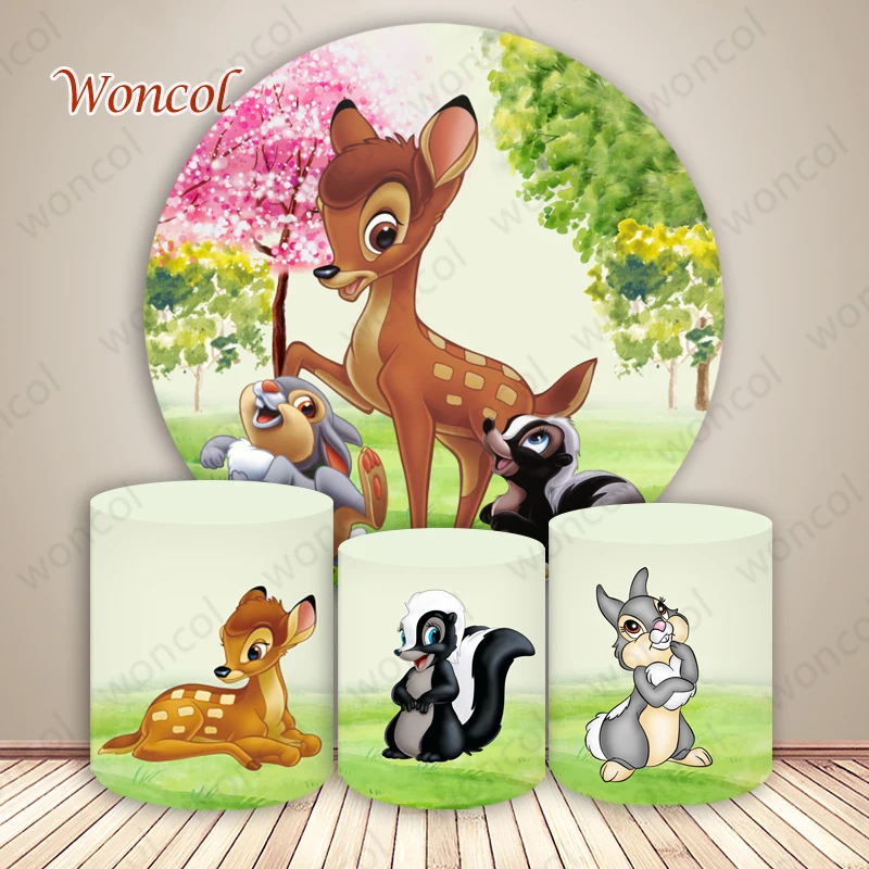 Bambi Deer Round Backdrop Child Birthday Photo Backdrop Disney Theme Baby Shower Round Cylinder Cover Decorations Photocall Prop