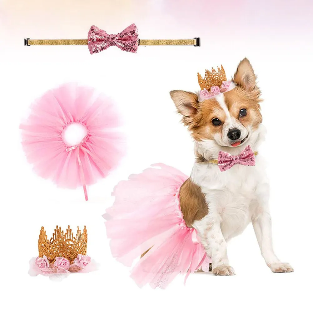 Pet Crown Skirt Set Creative Gauze Dog Dress Tie Birthday Skirt Headdress Photo Taking Supplies Pet Clothes Dog Tie