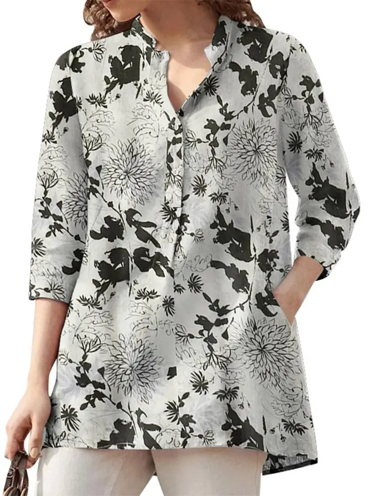 ZANZEA Autumn Floral Printed Blouse 2024 Women Bohemian 3/4 Sleeve Holiday Shirt Chemise Female Casual Work Blusas Tunic Tops