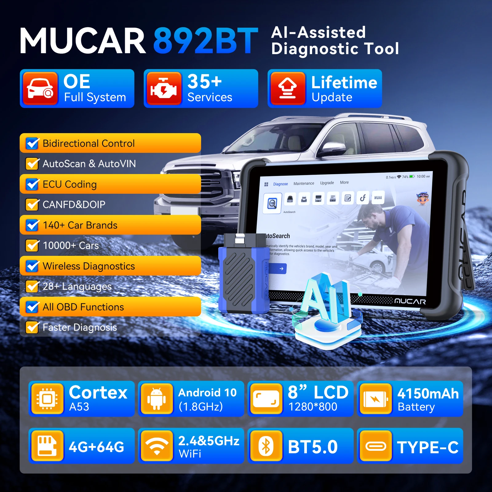 MUCAR 892BT AI الماسح الضوئي obd2 الذكي CAN FD DOIP تحقق جميع الأنظمة 35 إعادة تعيين وحدة التحكم الإلكترونية الترميز ثنائي الاتجاه تحديث مجاني مدى الحياة #2