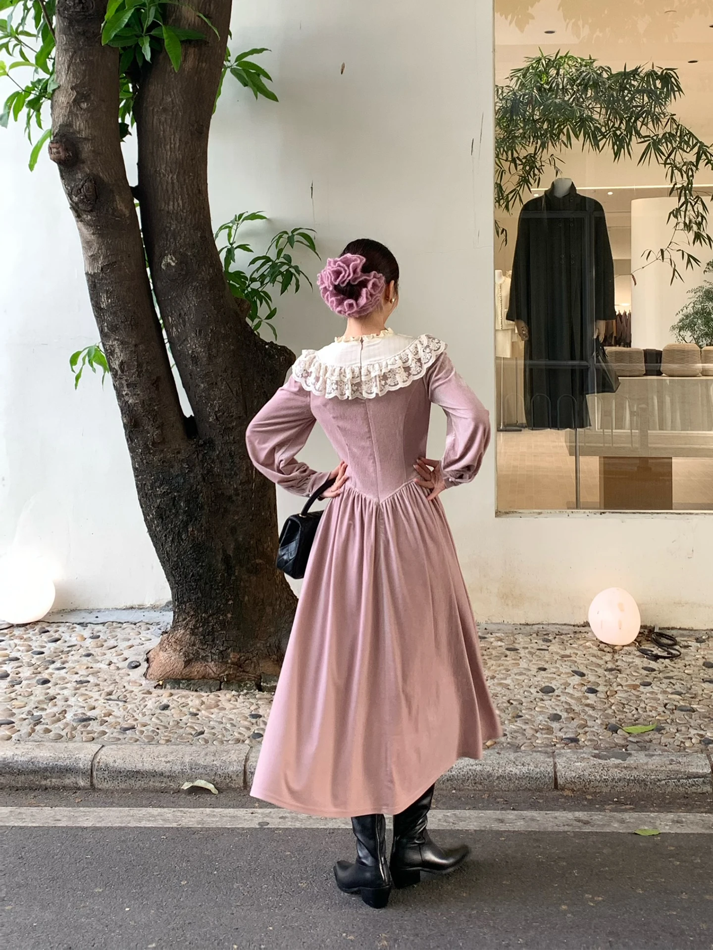 TIYIHAILEY Spring Autumn Velvet Women Printed Dress Full Sleeve Long Mid-Calf Ladies Clothing XS-XL Vintage High Waist Lace Pink