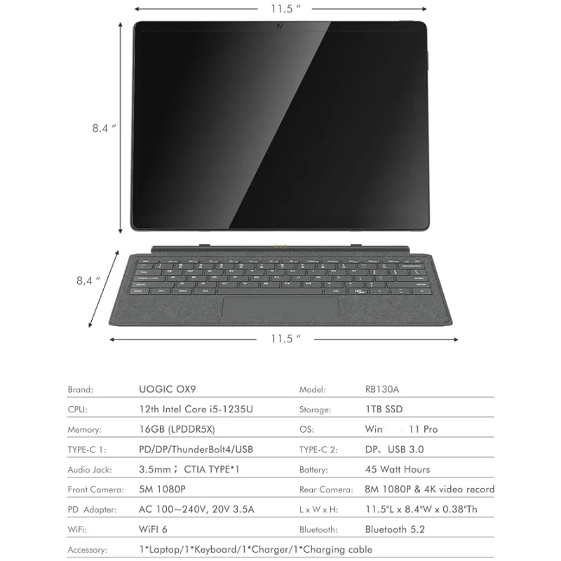 شاشة Uogic مقاس 13 بوصة تعمل باللمس I5 1235U X86 معالج 16 جيجابايت + 1 تيرابايت 2 في 1 كمبيوتر لوحي لنظام التشغيل Windows 11 Pro