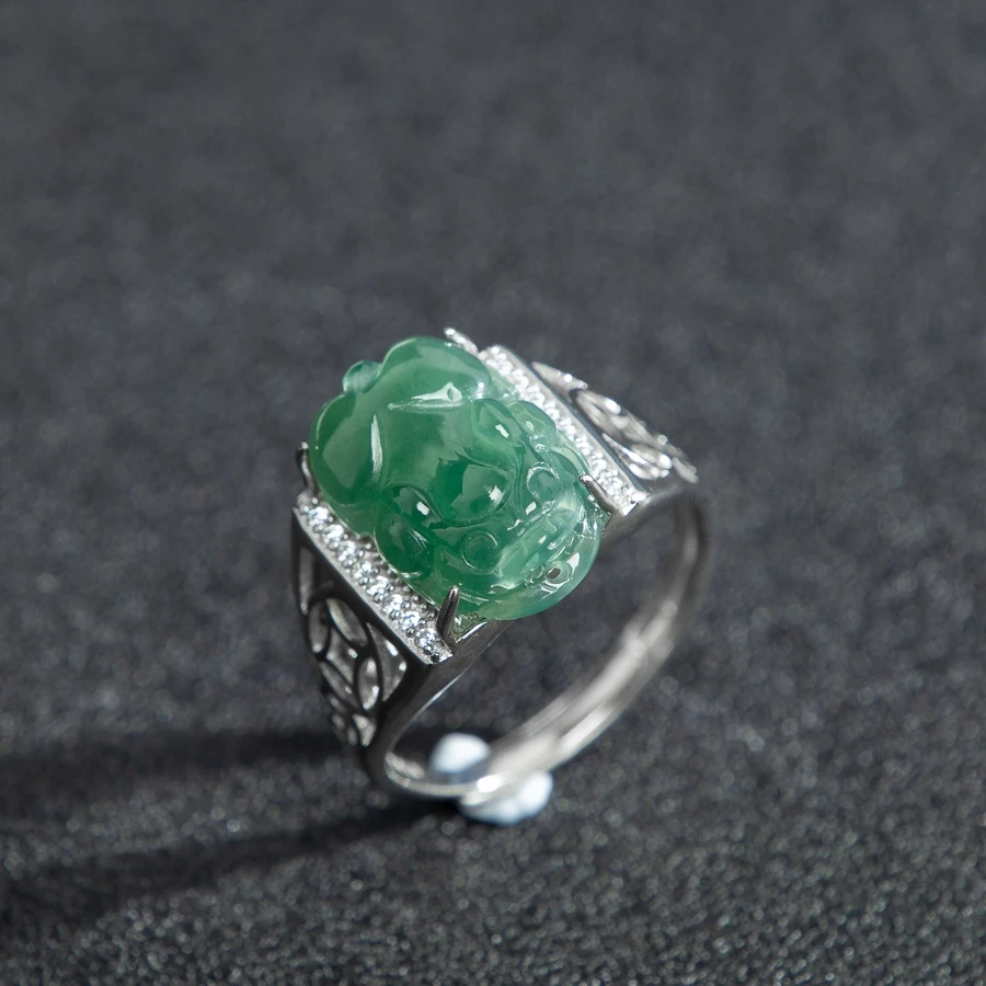 

TIMESWIND Natural A-type Jade Green PIXIU King Coins Men S925 Open Ring with Certificate