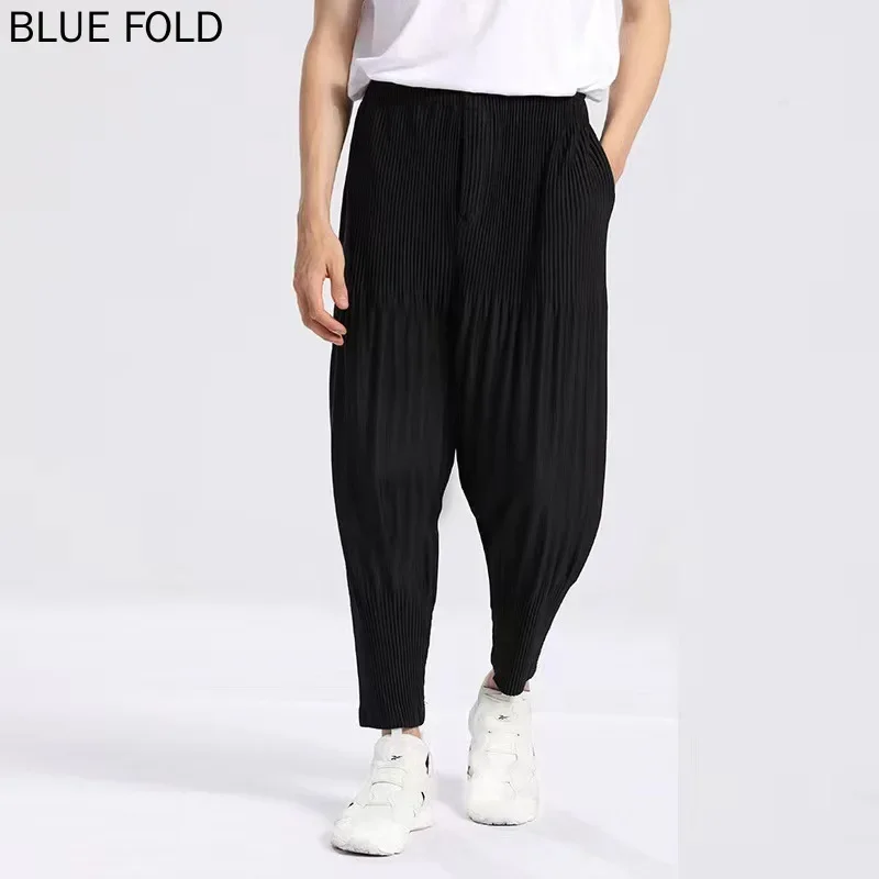 Miyake-Men's Pleated Bloomers, Loose Casual Pants, Small Foot Harem Pants, Nine-Point Pants, Trendy Clothing