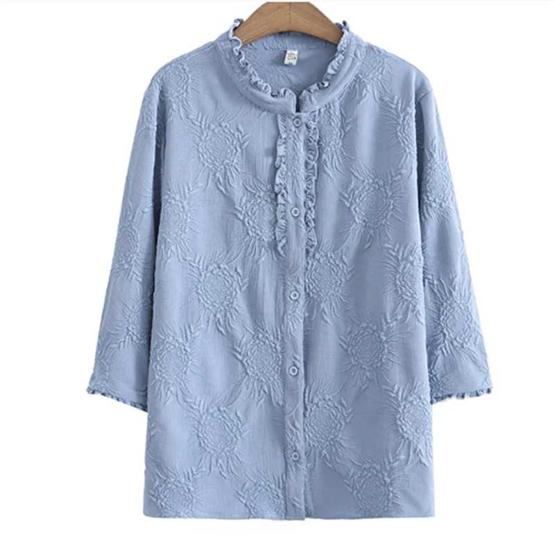 

2024 Big Size Women's Spring New Slim Loose Matte Jacquard Seven-Quarter Sleeve Lace Shirt