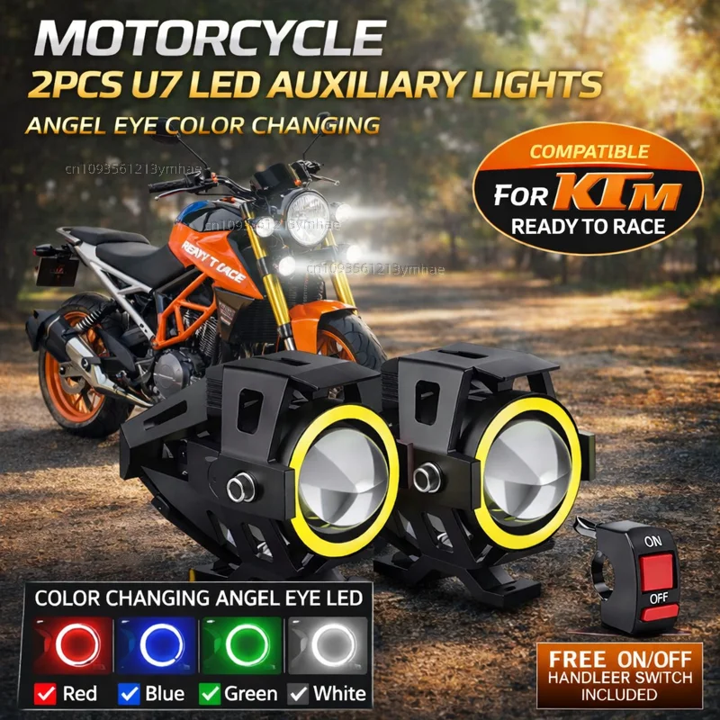 Waterproof Motorcycle LED Headlight 3000LMW U7 Motorbike LED Driving Fog Spot Light with Switch For KTM Ready to Race Adv Duke