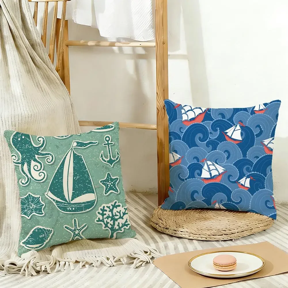 Nautical Fresh Elegant Blue Maritime Themed Cushion Cover Cozy Pillowcase Holiday House Interior Sofa Bedroom Accessories