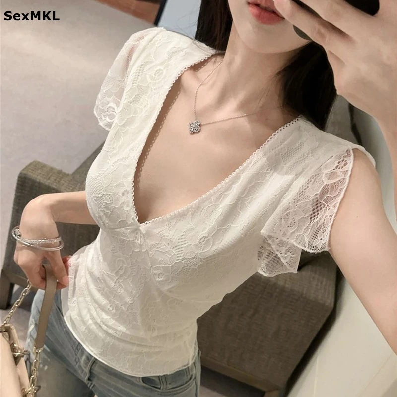 

Women Sexy Summer Lace Blouses 2025 Casual Short Sleeve Korean Fashion Y2k Clothes Slim V Neck Ins Ladies White Corset Crop Tops